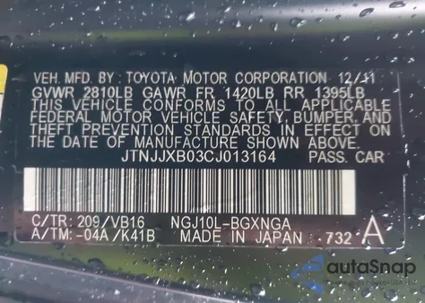 2012 Scion Iq from USA, damaged, VIN JTNJJXB03CJ013164